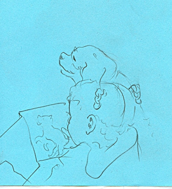 Kid 1 looks at a doggy book with Stella